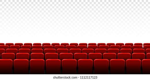 Creative vector illustration of movie cinema screen frame and theater interior. Art design premiere poster background, lights and rows red seats. Abstract concept graphic scene element