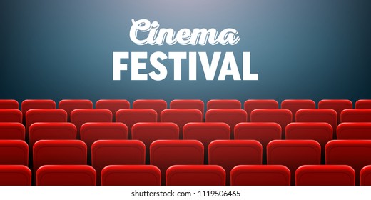 Creative vector illustration of movie cinema screen frame and theater interior. Art design premiere poster background, lights and rows red seats. Abstract concept graphic scene element