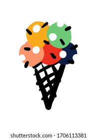 Creative vector illustration of multicolored ice cream in waffle cone. Bold and playful design for cute greeting card or naive poster