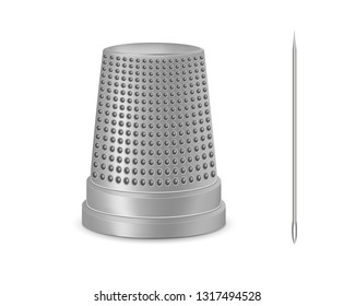 Creative vector illustration of needle, thimble isolated on transparent white background. Art design sewing tailor tools and accessories. Abstract concept graphic silver metal vintage element