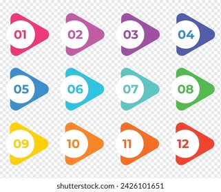 Creative vector illustration of number bullet points set 1 to 12 isolated on transparent background. Art design. Flat color gradient web icons template. Abstract concept graphic element