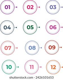 Creative vector illustration of number bullet points set 1 to 12 isolated on transparent background. Art design. Flat color gradient web icons template. Abstract concept graphic element