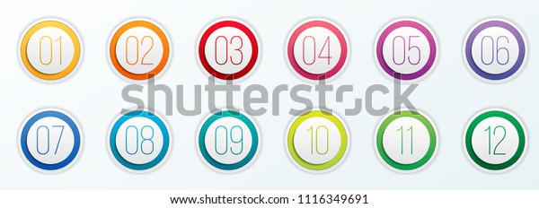 Creative
vector illustration of number bullet points set 1 to 12 isolated on
transparent background. Art design. Flat color gradient web icons
template. Abstract concept graphic
element