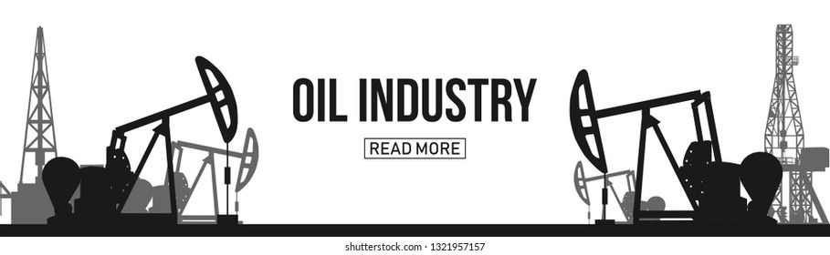 Creative vector illustration of oil pump industry silhouette, field pumpjack, rig drill over sunset isolated on background. Art design template. Abstract concept graphic equipment element