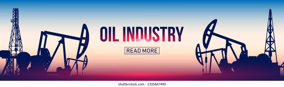 Creative vector illustration of oil pump industry silhouette, field pumpjack, rig drill over sunset isolated on background. Art design template. Abstract concept graphic equipment element