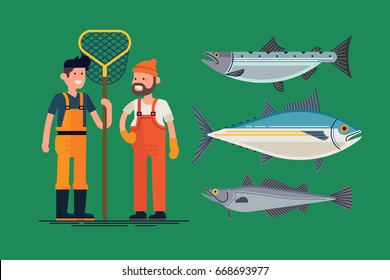 Creative vector illustration on commercial fishermen wearing waterproof overalls, rubber boots and gloves. Main commercial sea fish types such as salmon, tuna and hake