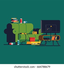 Creative vector illustration on gaming with retro video game console with controllers and cartridges, cozy green sofa, soda cans and TV set