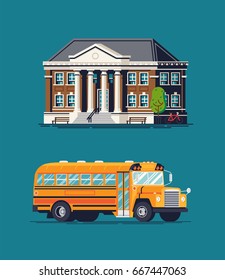 Creative vector illustration on school building and bus. Educational decorative design elements on school