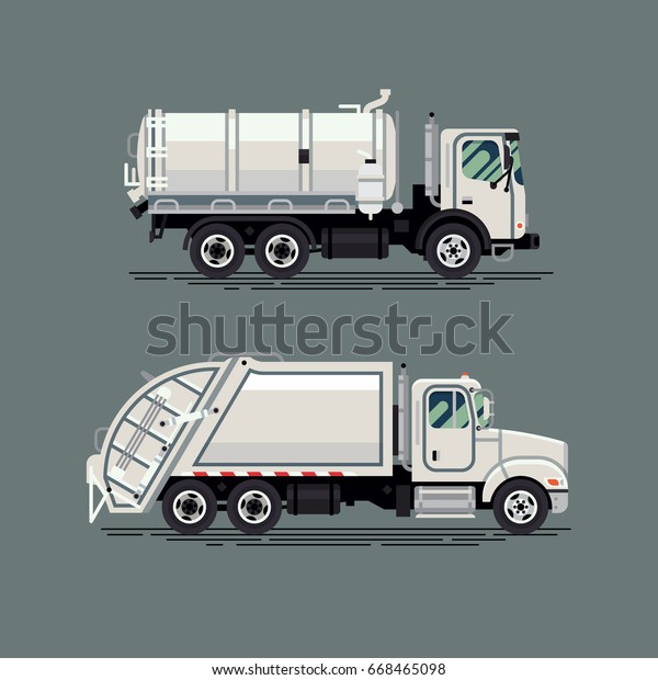 Creative vector
illustration on solid and liquid waste removal vehicles. Garbage
and sewage trucks in flat
design