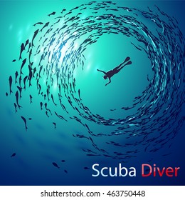 Creative vector illustration on the theme of diving. Image diver under water is surrounded shoals of fish (bottom view). With inscription: Scuba Diver