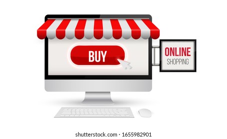Creative vector illustration of online shop, ecommerce store concept. isolated on background. Store website. Art design online shopping template. Abstract concept laptop, signboard, awning element