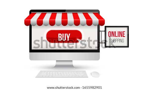 Creative vector illustration of online shop,
ecommerce store concept. isolated on background. Store website. Art
design online shopping template. Abstract concept laptop,
signboard, awning
element