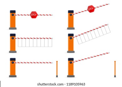 Creative vector illustration of open, closed parking car barrier gate set with stop sign isolated on transparent background. Art design street road stop border. Abstract concept graphic element