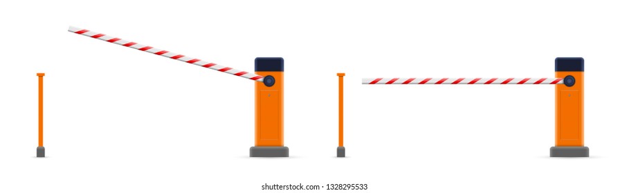 Creative vector illustration of open, closed parking car barrier gate set with stop sign isolated on transparent background. Art design street road stop border. Abstract concept graphic element