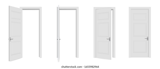 Креативная векторная иллюстрация открытой, закрытой двери, входного реалистичного дверного проема, изолированного на белом фоне. Художественный дизайн белых дверей. Абстрактная концепция графического элемента открытого, близкого дома