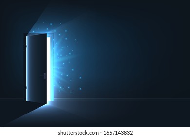 Creative vector illustration of open door light in dark room. Art design glowing exit open door template. Abstract concept finding of freedom, hope, possibilities, shining light, daring choice.