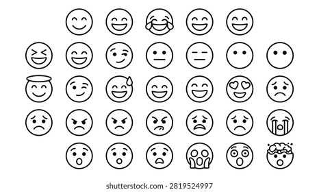 Creative vector illustration pack containing various emoticon styles like halo face laughing hard rolling eyes frustrated and horrified screaming faces for enhancing digital content with clear visual cues and recognizable human reactions for cross platform communication.