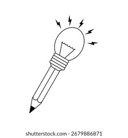 Ilustração vetorial criativa de um lápis com uma lâmpada brilhante na ponta, simbolizando inspiração, inovação e ideias inteligentes. Ilustração vetorial.