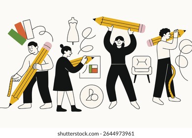 Creative vector illustration of people designing with giant pencils, featuring fashion, colors, and interior elements. Perfect for creative industry, design studio, or artistic content.