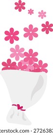 Eine kreative Vektorgrafik eines rosafarbenen Blumensträusses, der in weißes Papier mit einem kleinen roten Band eingewickelt ist. Mehrere rosafarbene Blumen werden gesehen, wie sie vom Strauß nach oben schweben oder "fliegen", was ein Gefühl von Bewegung und Magie erzeugt.