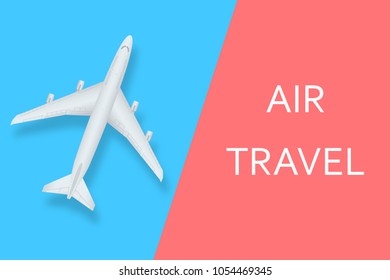 Creative vector illustration of plane isolated on colorful background. Top view airplane. Travel art design of summer vacation. Copy space for you presentation. Abstract concept graphic element.
