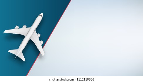 Creative vector illustration of plane isolated on colorful background. Top view airplane. Travel art design of summer vacation. Copy space for you presentation. Abstract concept graphic element