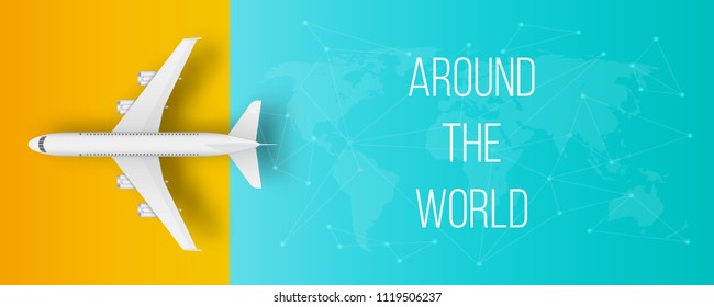 Creative vector illustration of plane isolated on colorful background. Top view airplane. Travel art design of summer vacation. Copy space for you presentation. Abstract concept graphic element