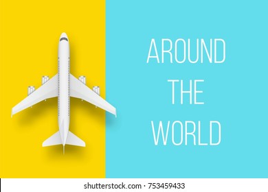 Creative vector illustration of plane isolated on colorful background. Top view airplane. Travel art design of summer vacation. Copy space for you presentation. Abstract concept graphic element.