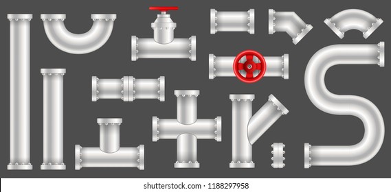 Creative vector illustration of plastic water, oil, gas pipeline, pipes sewage isolated on transparent background. Art design abstract concept graphic ells, gate valve, fittings, faucet element