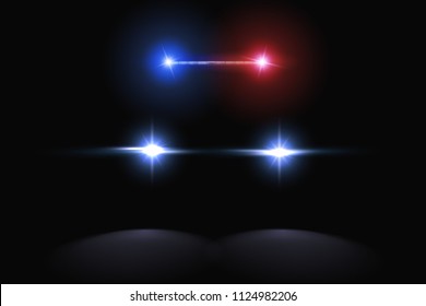 Creative vector illustration of police car silhouette headlights, blinking isolated on transparent background. Glowing headlamp. Red, blue siren lights. Art design. Abstract concept graphic element