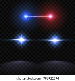 Creative vector illustration of police car silhouette headlights, blinking isolated on transparent background. Glowing headlamp. Red, blue siren lights. Art design. Abstract concept graphic element.