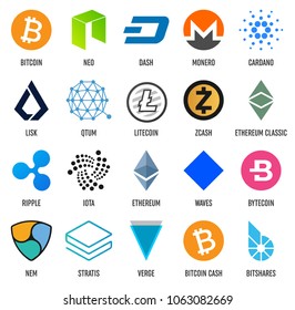 Creative vector illustration of popular crypto currency blockchain logo coin set isolated on transparent background. Art design cryptocurrency icon, symbol. Abstract concept graphic bitcoin element.