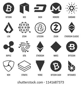 Creative vector illustration of popular crypto currency blockchain logo coin set isolated on transparent background. Art design cryptocurrency icon, symbol. Abstract concept graphic bitcoin element.