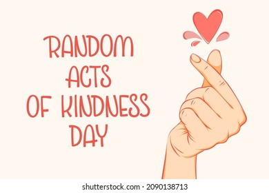 Creative vector illustration of postcard with inscription Random Acts of Kindness Day and hand of woman with heart sign made with fingers on pink background