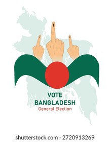 Ilustración vectorial creativa que promueve la conciencia de los votantes para las elecciones generales de Bangladesh, con los dedos entintados en relieve y los colores de las banderas nacionales, adecuada para campañas electorales, carteles, Anuncios y redes sociales.