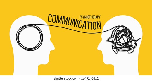 Creative vector illustration of psychotherapy communication on background. Art design psycho therapy concept with humans head dialogue silhouette. Abstract concept tangled brain, therapist, patient.