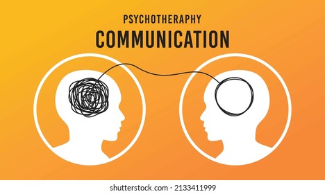 Creative vector illustration of psychotherapy communication on background. Art design psycho therapy concept with humans head dialogue silhouette. Abstract concept tangled brain, therapist, patient
