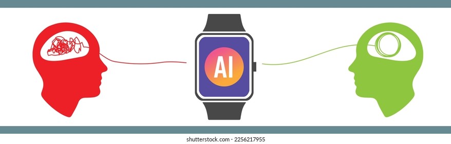 Creative vector illustration of psychotherapy communication created by AI in the background. Abstract concept tangled brain, therapist, patient. Patient controlled and made calm by AI technology