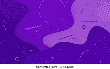 Creative vector illustration of purple  in memphis 80s-90s style. Abstract graphic pattern overlay colorful spotty of geometric shape. EPS 10.