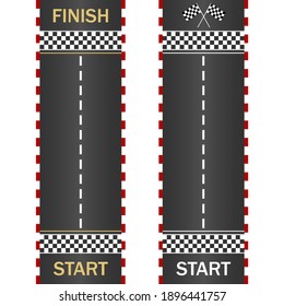 Creative vector illustration of race finish, top view. Art design. Start racing sport karting competition. Textured grunge on the asphalt road. Abstract concept graphic element.
