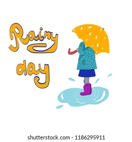 creative vector illustration Rainy Day with cute cartoon girl  in a creative background.