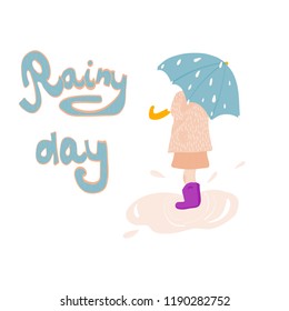 creative vector illustration Rainy Day with cute cartoon girl  in a creative background.