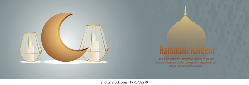 Creative vector illustration of ramadan kareem invitation banner or header with golden moon and mosque