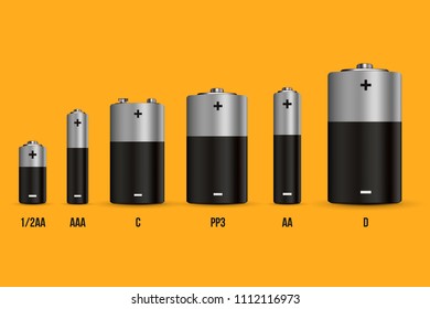 Creative vector illustration of realistic alkaline battery set with diffrent size isolated on transparent background. Art design blank mockup template. Abstract concept graphic element
