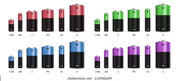 Creative vector illustration of realistic alkaline battery set with diffrent size isolated on transparent background. Art design blank mockup template. Abstract concept graphic element