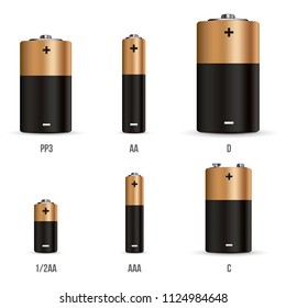 Creative vector illustration of realistic alkaline battery set with diffrent size isolated on transparent background. Art design blank mockup template. Abstract concept graphic element