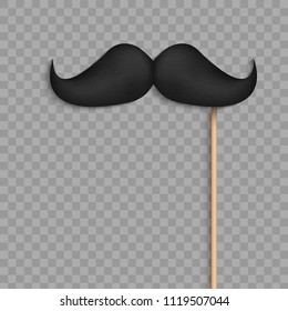 Creative vector illustration of realistic black mustaches on plastic stick isolated on transparent background. Retro vintage art design. Fashionable old facial hair. Abstract concept graphic element