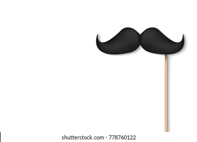 Creative vector illustration of realistic black mustaches on plastic stick isolated on transparent background. Retro vintage art design. Fashionable old facial hair. Abstract concept graphic element.