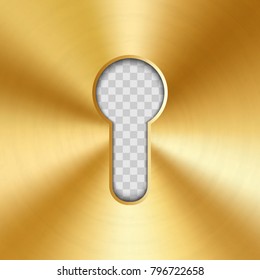 Creative vector illustration of realistic bright glossy metal keyhole isolated on transparent background. Art design silhouette for key. Abstract concept graphic element.