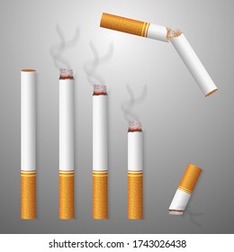 Creative vector illustration of realistic cigarette set. Art design different stages of burn, without Burn and Broken Cigarette.